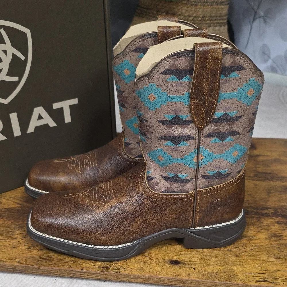 Ariat Anthem Shortie Savanna Western Boot Dry Taupe Turquoise Aztec - Size 7 - Picture 7 of 14